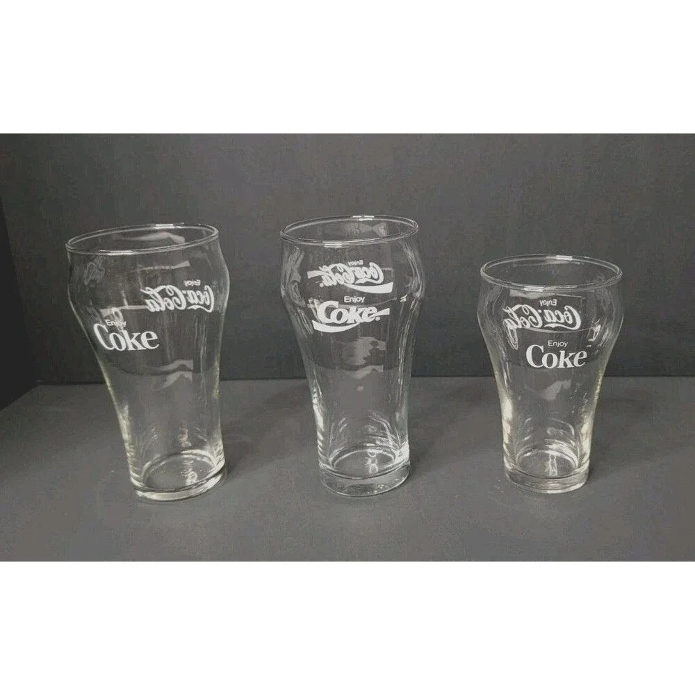 Coca-Cola Enjoy Coke Contour Glasses Lot of 3 (2 Large 1 Small) Clear Glass